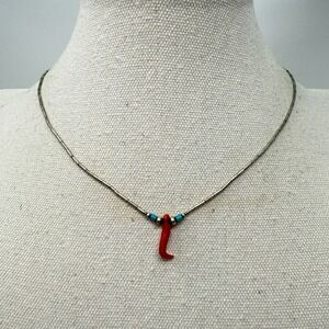 Red Coral Turquoise Bead Necklace Vintage Liquid Silver Simple‎ Dainty Minimal